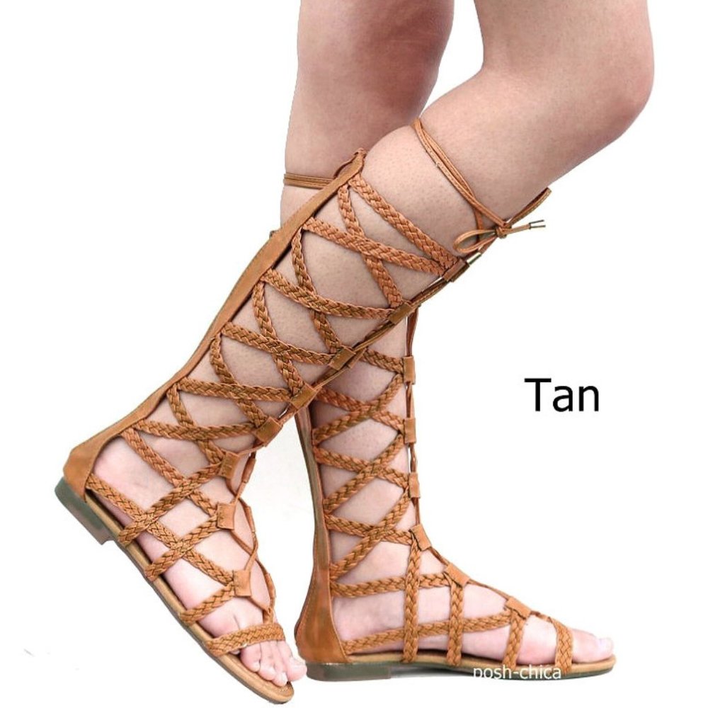 New Women Tan Lace Up Knee High Tall Gladiator Flat Sandals